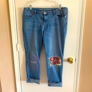 One of a Kind. RARE size 14 Hand Mended Boyfriend Cropped Jeans